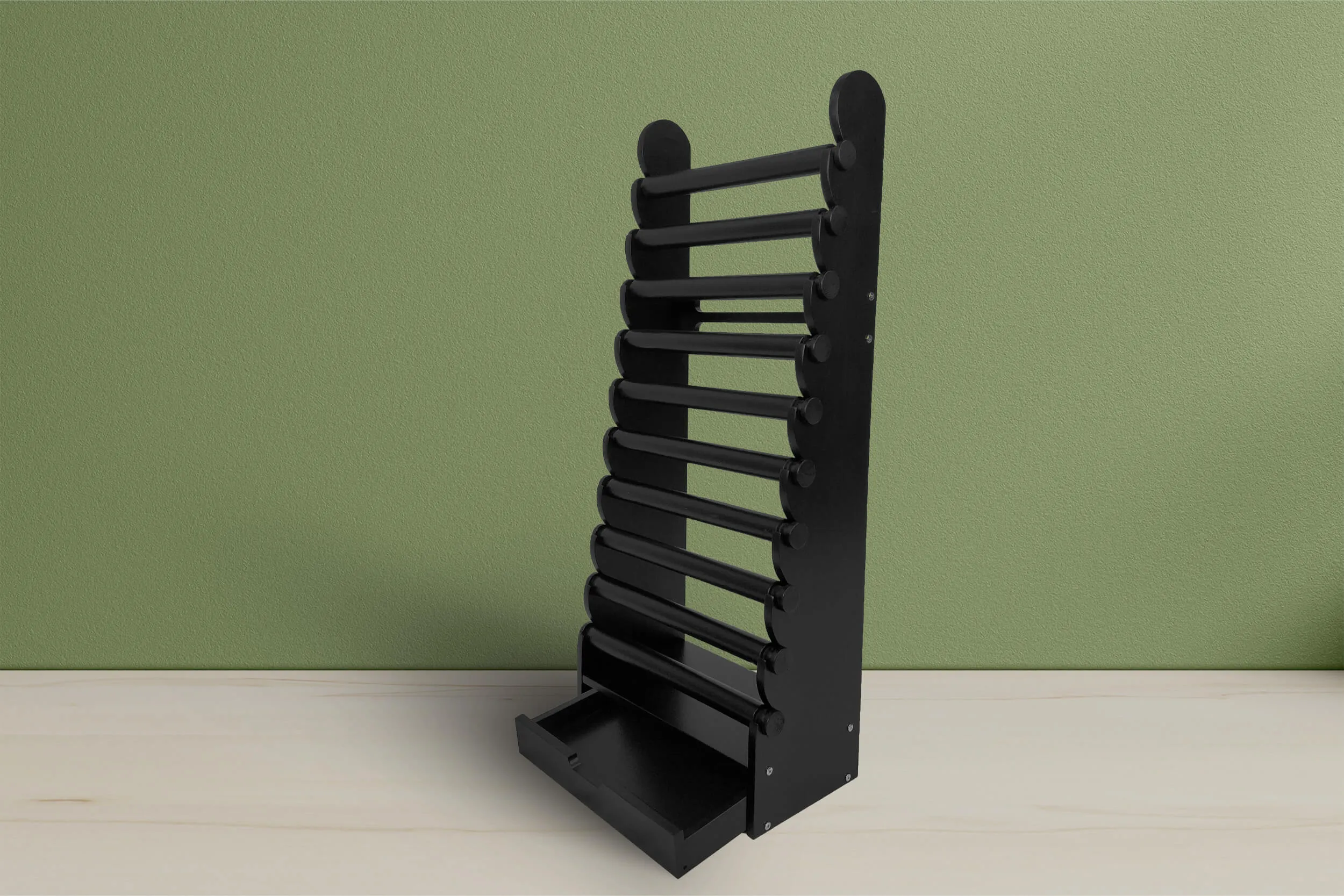 10-Tier Black Wood Bracelet Display — full display