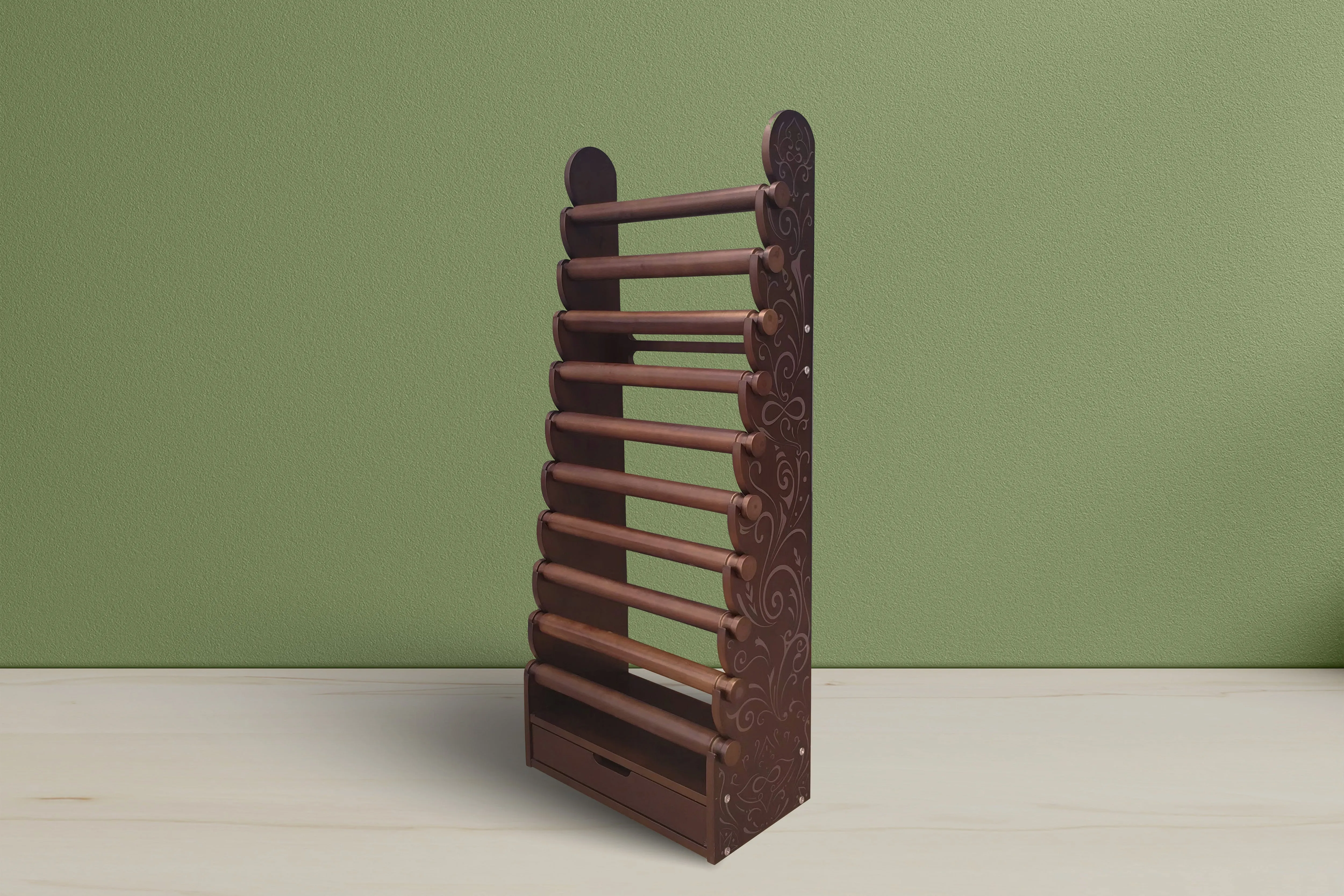the dark wood 10-tier bracelet display with etched side panels — view 9