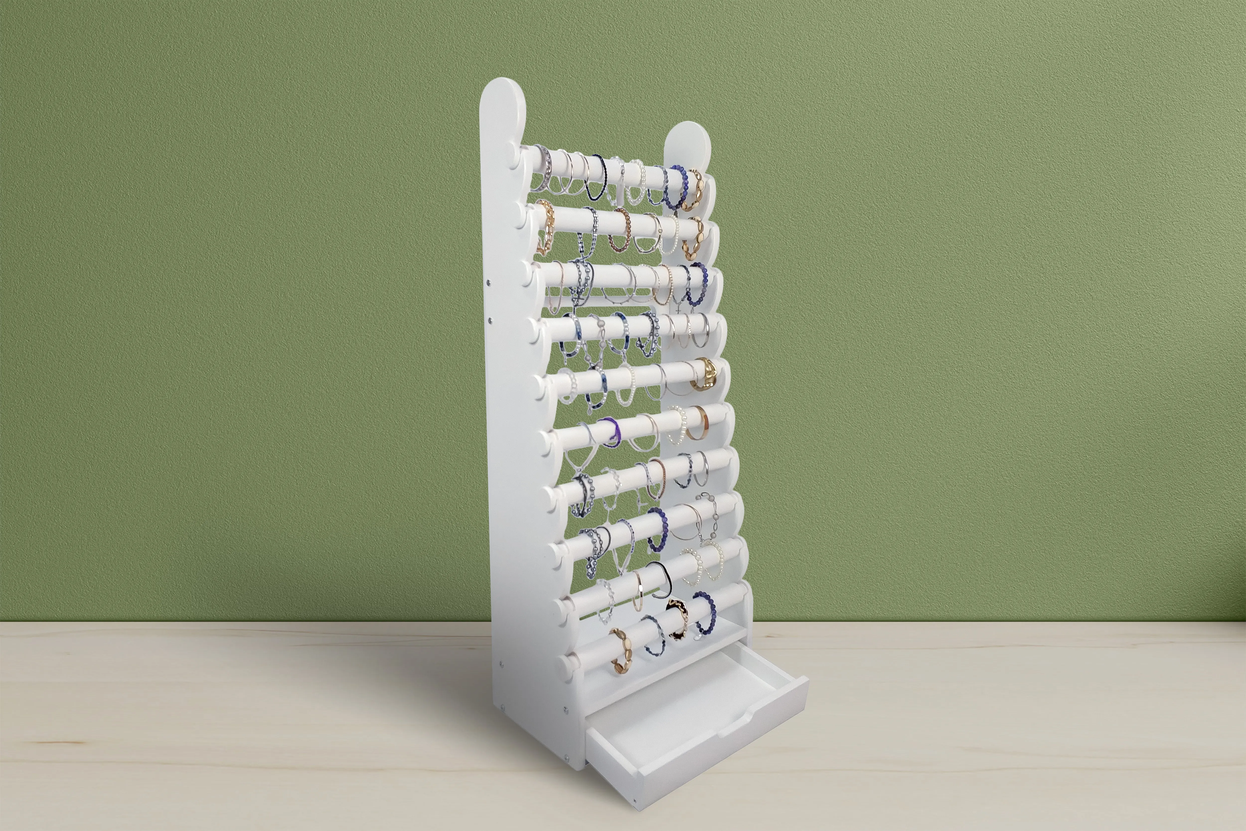 10-Tier White Wood Bracelet Display — full display
