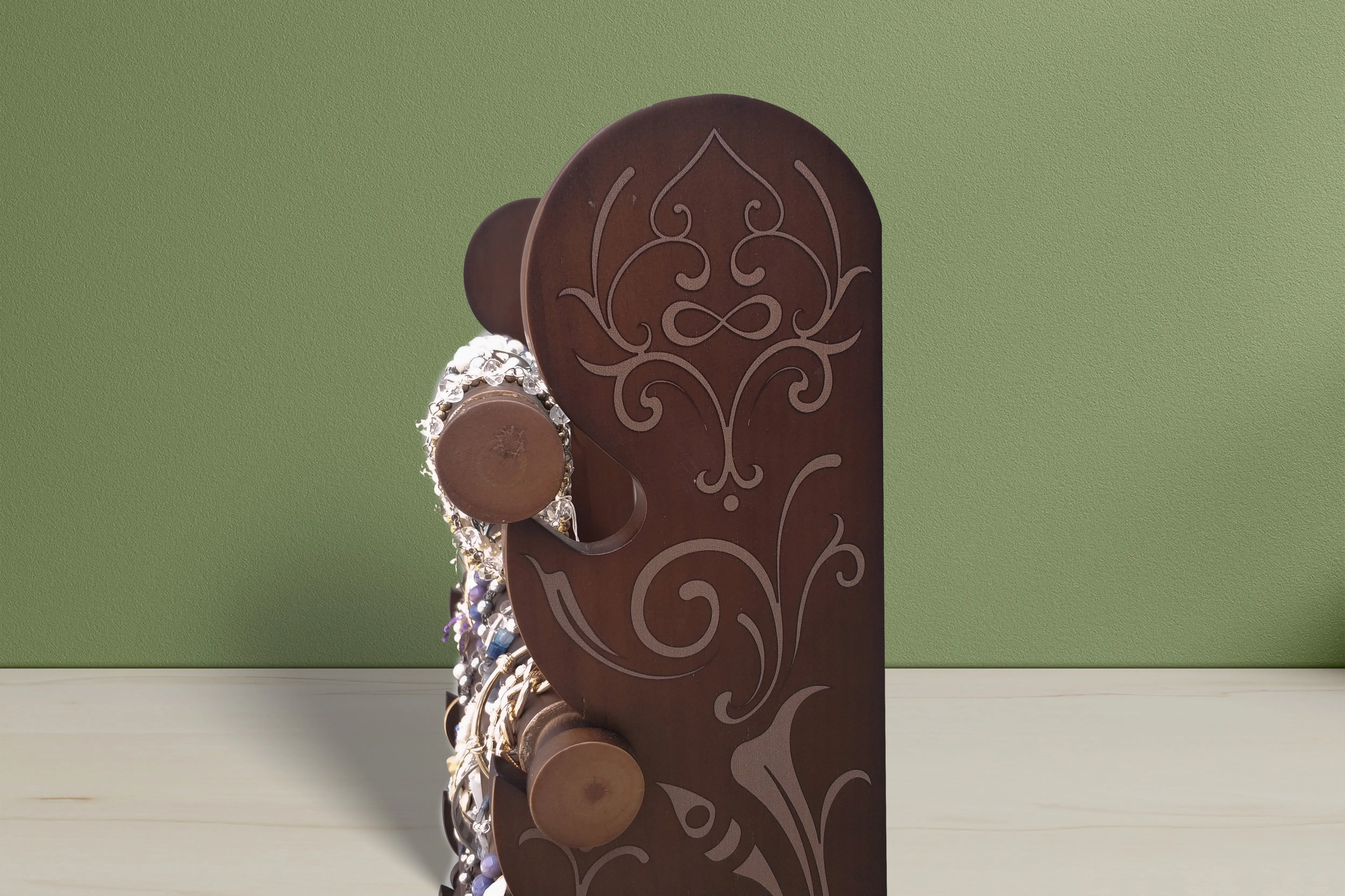 the dark wood 10-tier bracelet display with etched side panels — view 12